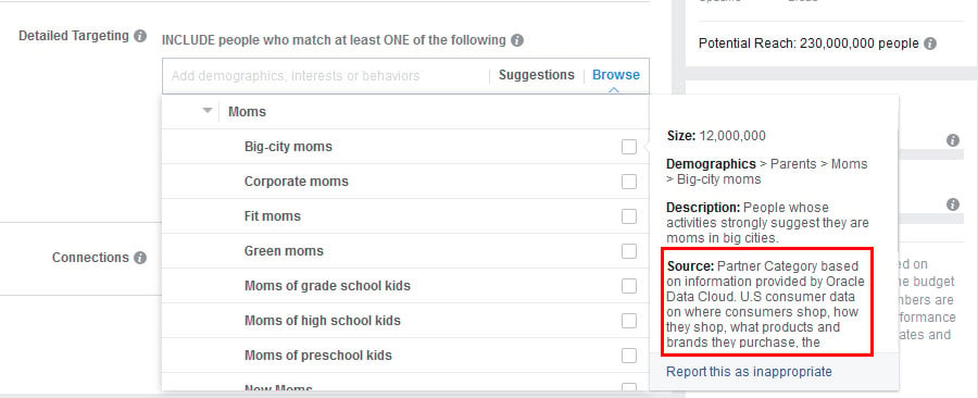 Facebook ad demographic partner data