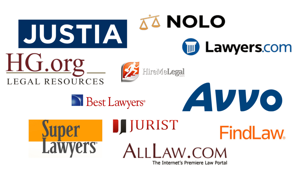 Directories for lawyers - Nolo, HG.org, FindLaw, HireMeLegal.org, Avvo, Justia, Lawyers.com