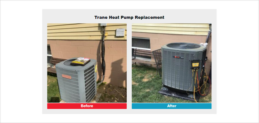 Befora and after photo of trane heat pump replacement