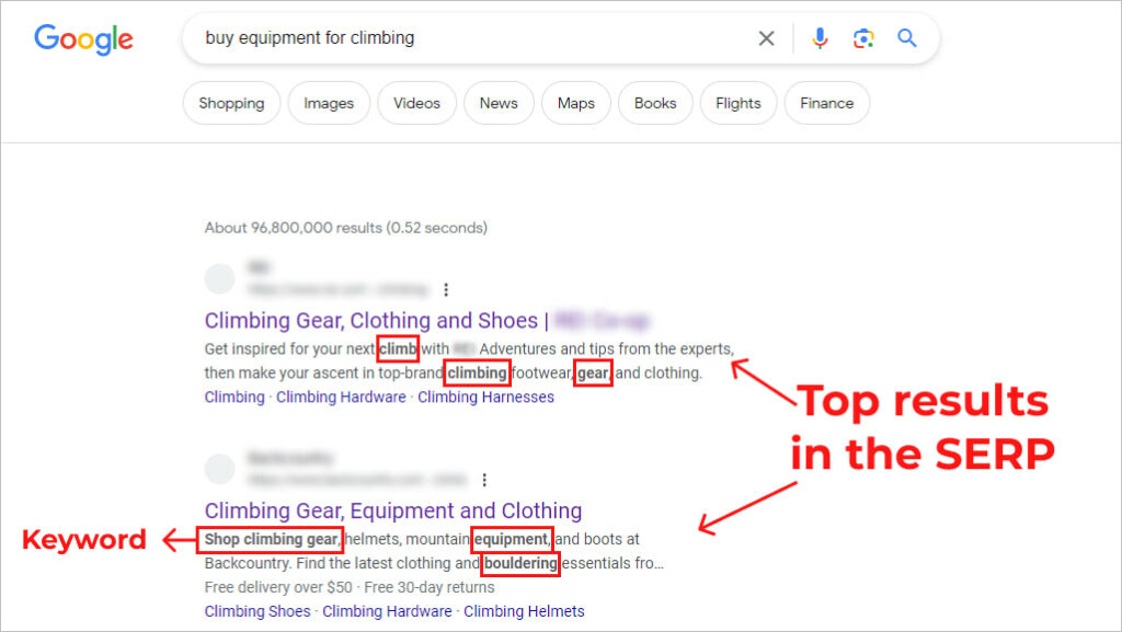 Top results in the SERP