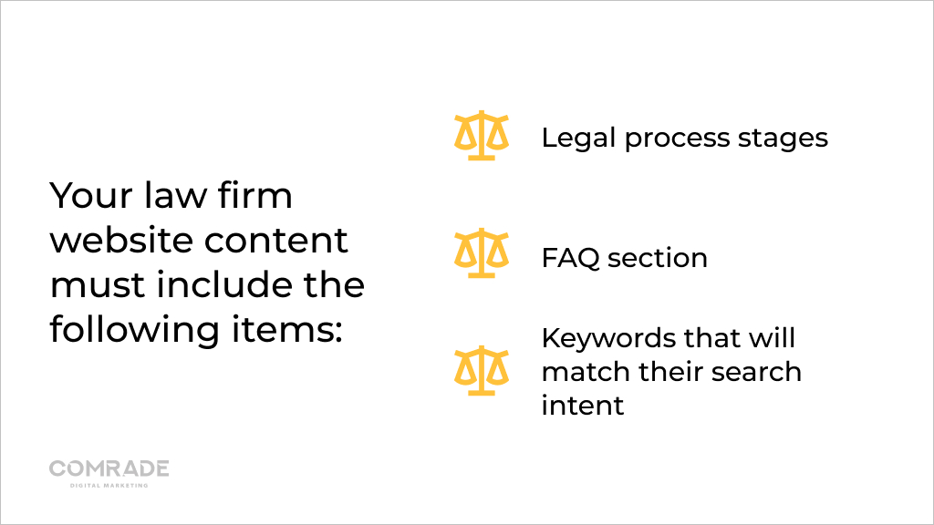 Your law firm website content must include the following items