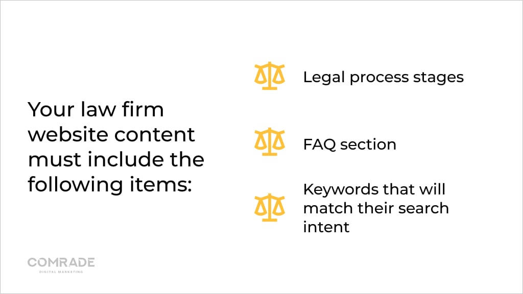 Your law firm website content must include the following items