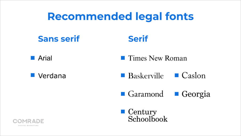 Recommended legal fonts