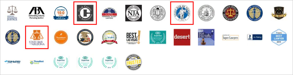 Badges from a website that confirm a lawyer's expertise