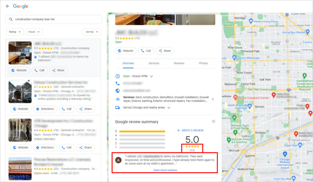 Google reviews for construction companies