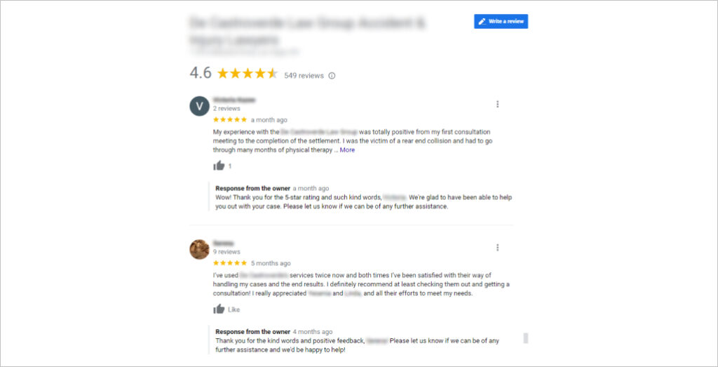Google reviews about a legal firm