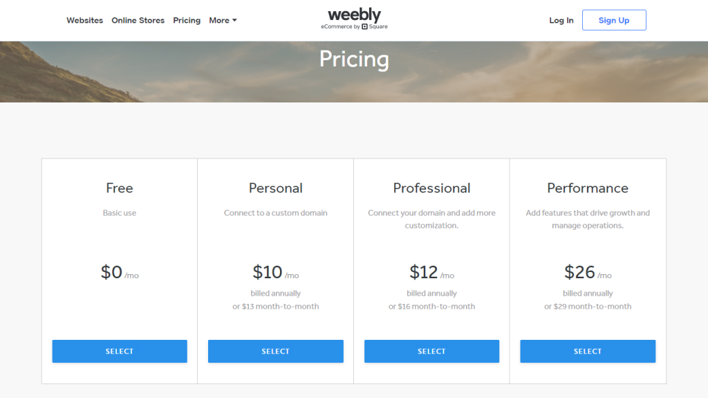 Weebly's pricing plan