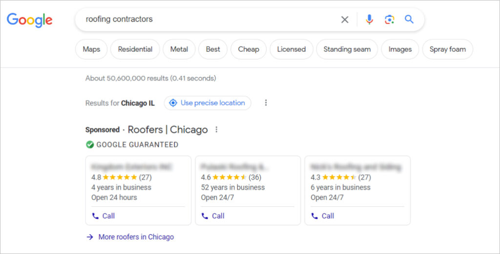 Google Local Service ads for roofers in SERP