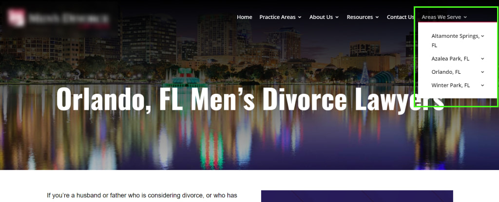 The examples of location pages on an family attorney's website