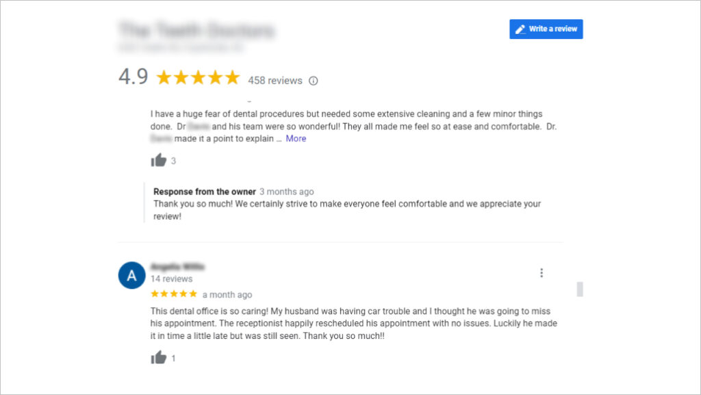 Reviews on healthcare Google My Business profile
