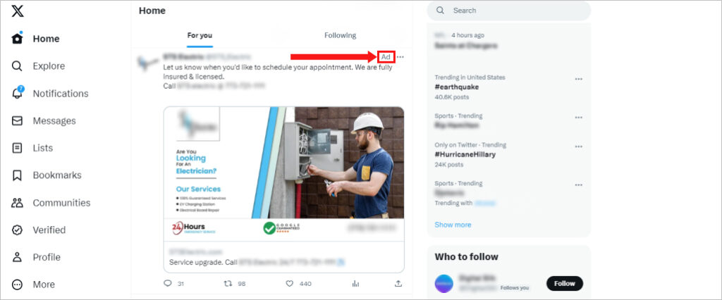 Twitter ads for electricians