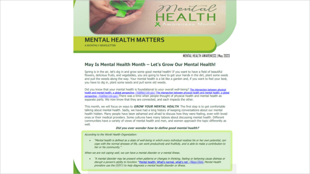 Newsletter with mental helth tips