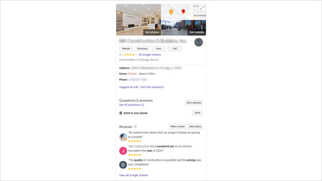 Home builder GoogleMy Business profile