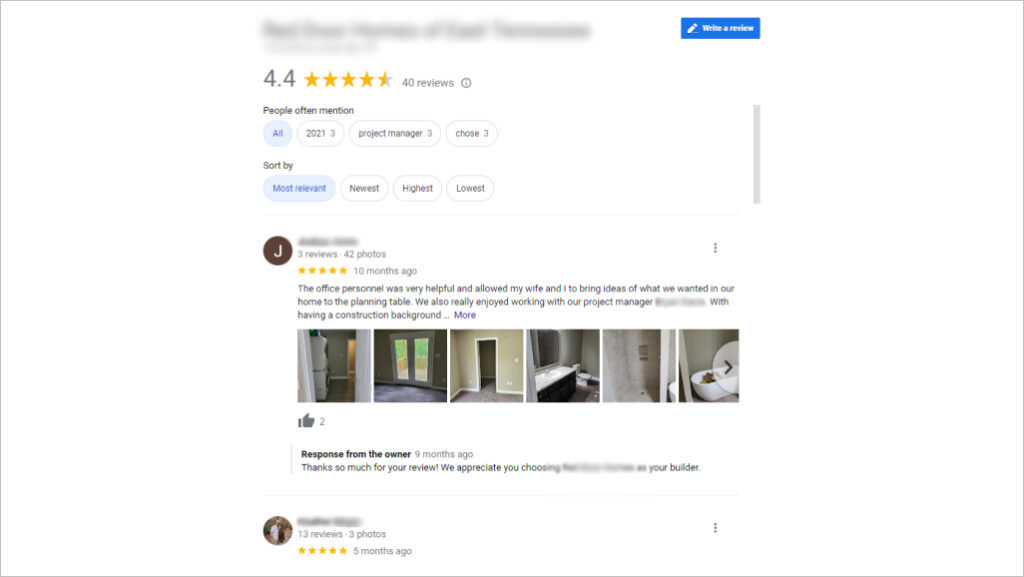 Reviews from home builder GMB profile