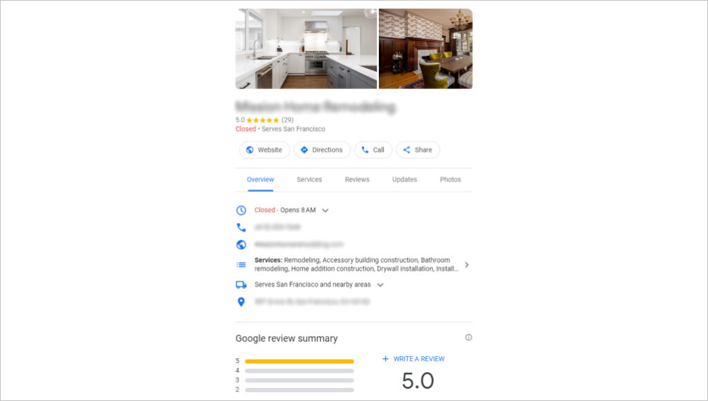 Google My Business profile of a kitchen remodeling company