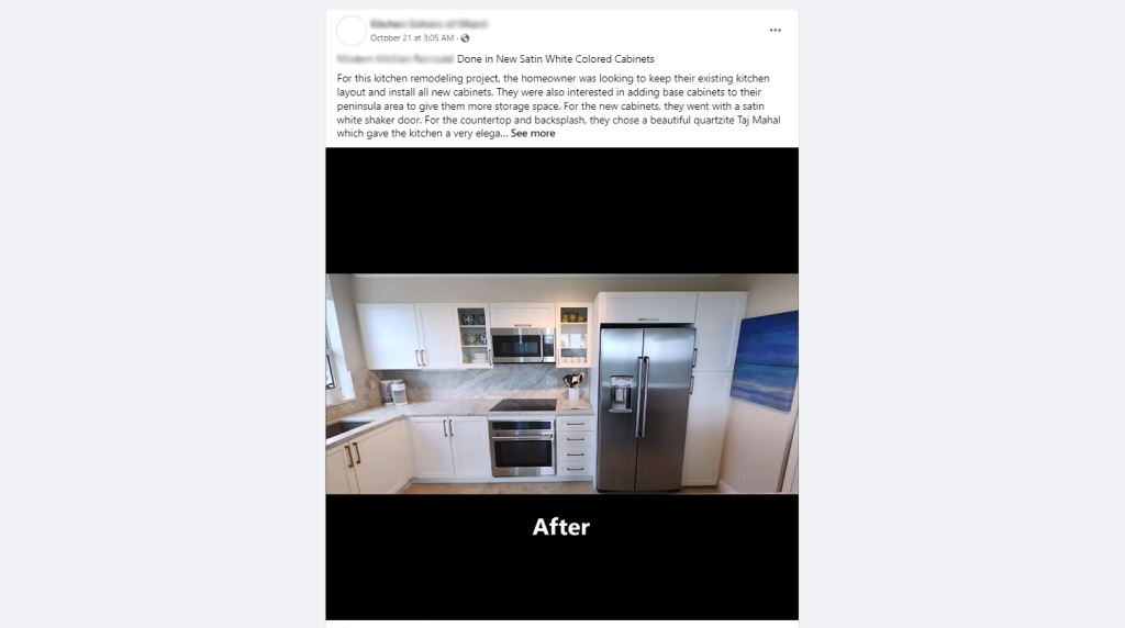 Facebook post about a kitchen renovation project