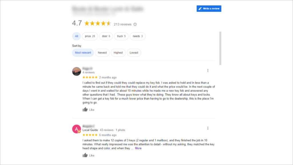 Reviews about locksmith company on Google