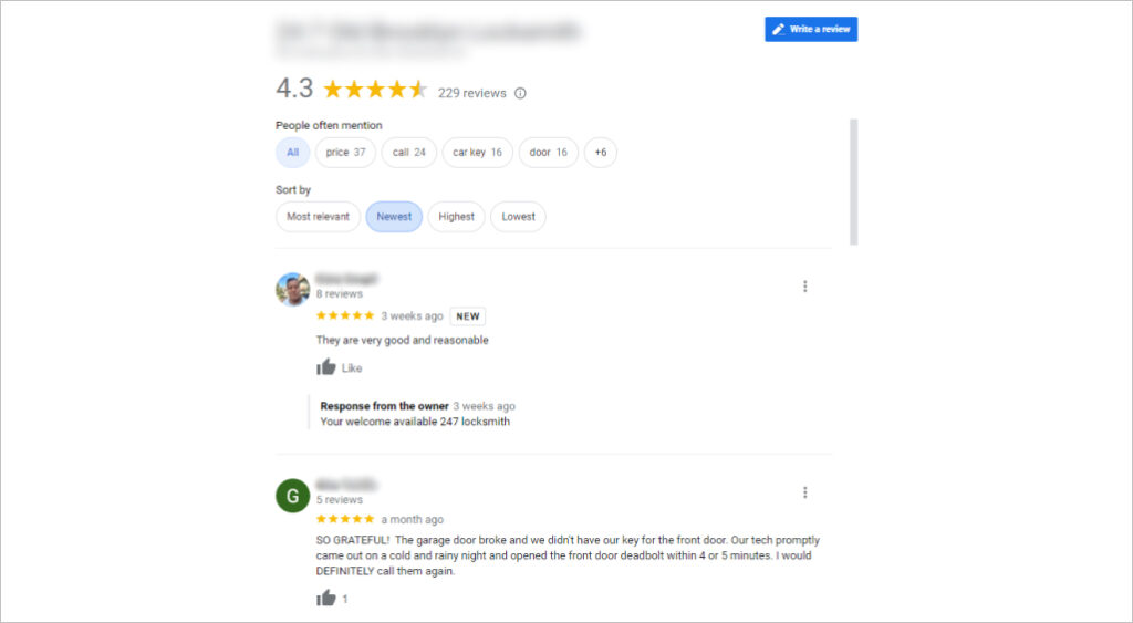 Reviews about a locksmith company