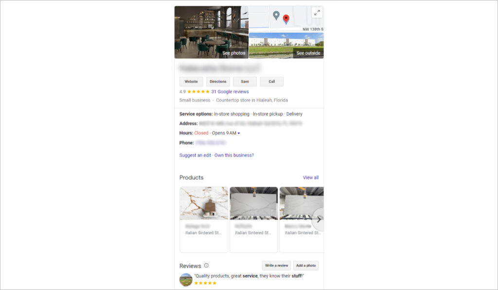 A countertop business Google My Business profile