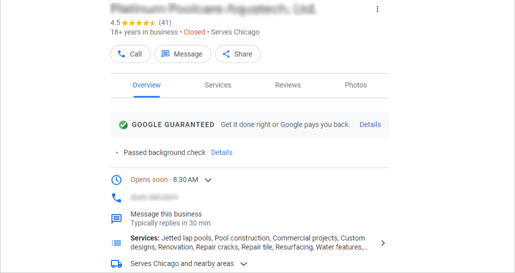 Google My Business profile of a pool maintenance company